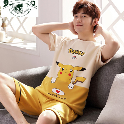 HLCOMAN男士夏季睡衣棉短袖可爱卡通皮卡丘学生青少年加大码薄款家居服