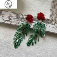 JiMi复古红色玫瑰花绿色叶子流苏耳环度假风酒红港风小花撞色长款耳夹