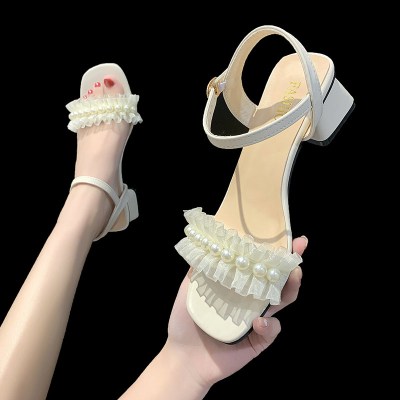 枫述一字凉鞋露趾百搭夏新款串珠蛋糕卷网纱蕾丝仙女风小众低跟方跟女