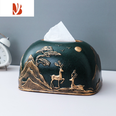 三维工匠抽纸巾盒家居装饰新中式轻奢现代简约客餐厅家用桌面创意陶瓷摆件 云衫绿