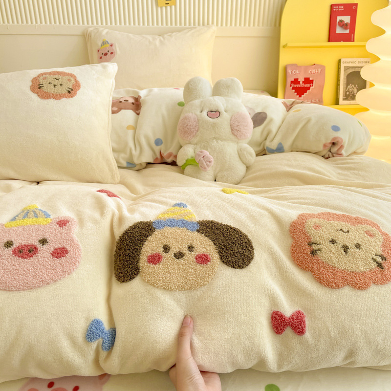 ins卡通A类加厚牛奶绒床上四件套秋冬保暖双面珊瑚绒被套儿童床品