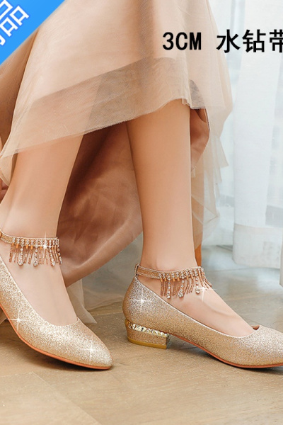 SUNTEK金色18岁成人礼女生高跟鞋学生水晶公主鞋钢琴演出走秀中跟礼服鞋