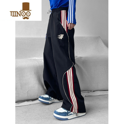 YANXUvibe美式刺绣小众侧边条纹运动休闲裤男女高街复古宽松直筒长裤子
