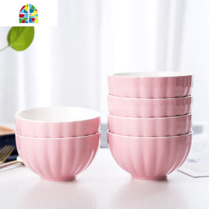 陶瓷碗家用6英寸吃面碗釉下彩泡面碗陶瓷餐具套装可微波炉碗6个装 FENGHOU 6英寸金线南瓜碗粉色6个装