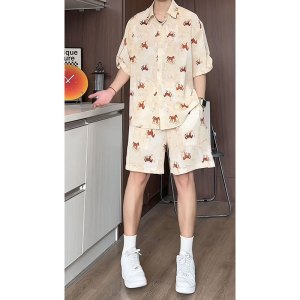 套装男夏季小马印花衬衫宽松翻领潮牌情侣开衫时尚短袖短裤两件套