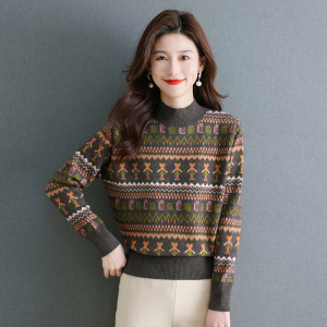 2024春秋新款半高领双股羊绒衫女半高领100%纯山羊绒毛衣印花针织衫宽松慵懒毛衣套头女装上衣针织打底衫加厚外搭毛衣女