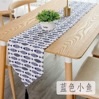 北欧桌旗 棉麻家用桌布电视柜长桌旗欧式茶几现代简约轻奢床旗 蓝色小鱼 30*100cm(适合60cm左右小桌或柜子)