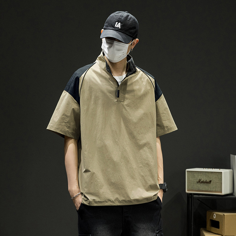 OVERSIZE夏季POLO衫短袖T恤男女同款美式潮牌翻领拼接梭织体恤衫_1