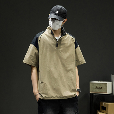 OVERSIZE夏季POLO衫短袖T恤男女同款美式潮牌翻领拼接梭织体恤衫