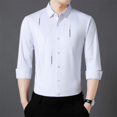 新款男士长袖衬衫春秋季中年商务休闲印花免烫衬衣男装