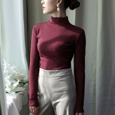 珂卡慕(KEKAMU)打底衫女长袖半高领棉长袖T恤春装2020年新款内搭中领上衣酒红S