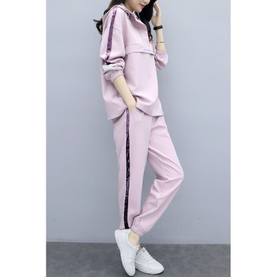 珂卡慕(KEKAMU)春装2020年新款时尚运动服套装女粉色韩版宽松卫衣春秋休闲两件套粉色S