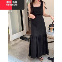 YIBUSHENG韩国chic季法式气质方领刺绣钩花修身显瘦拼接鱼尾吊带连衣裙女