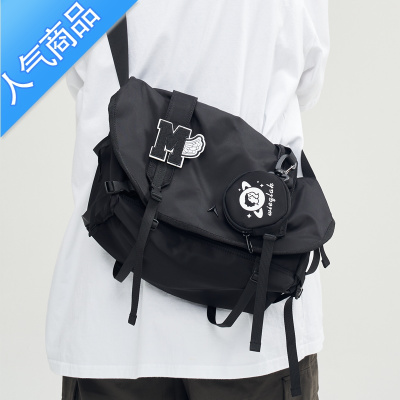 FENGHOU日系潮牌斜挎包男大容量机能邮差包学生女工装单肩包休闲背包ins 黑色