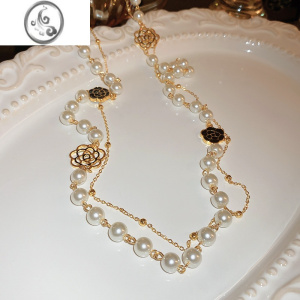 JiMi珍珠长项链轻奢小众复古装饰颈链配件长款小香风毛衣链锁骨链配饰 白色-双层