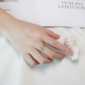 五线对珠开口戒指S925纯银指环简约欧美风线条银戒指日韩流行女送女朋友老婆情人节七夕生日礼物 均色