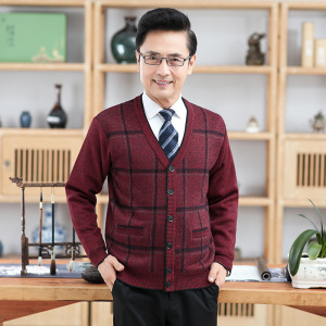 秋冬中年男士保暖加绒加厚外套长袖格子提花加绒羊毛开衫外套