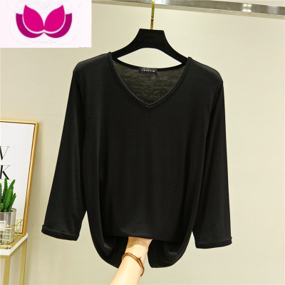七斓莫代尔七分袖V领打底衫女宽松T恤百搭纯色上衣大码显瘦体恤衫