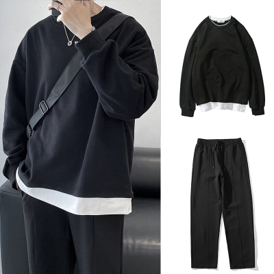 梵克公牛休闲长裤男韩版流春四季常规裤子坠感阔腿裤垂感西裤裤春季假两件长袖卫衣+春季黑色长裤S