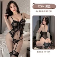 九里晴川TZ114深V系带蕾丝透视内衣内裤性感吊带文胸连体套装免脱
