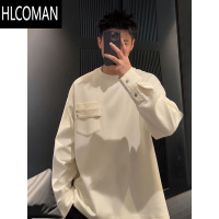 HLCOMAN美式高街带口袋白色t恤男秋季潮牌圆领卫衣痞帅内搭长袖上衣
