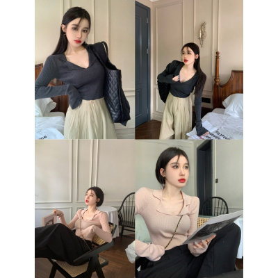 针织衫女装早秋新款长袖打底衫辣妹v领性感显瘦短款学生上衣