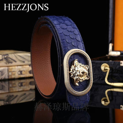 赫泽琼斯HEZZJONS品牌皮带真皮腰带进口蟒蛇皮裤腰带青年商务休闲美杜莎皮带潮男韩版软皮礼盒腰带