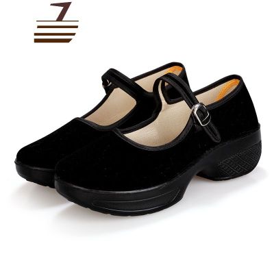 尗卡女单鞋中跟工作布鞋黑色女软底时尚款广场跳鞋