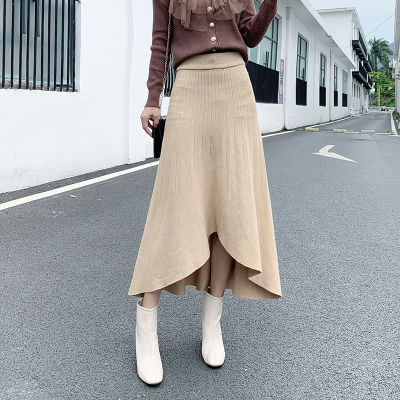 班俏BANQIAO秋冬高腰显瘦加厚a字裙伞裙女中长款气质针织不规则半身裙