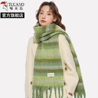 啄木鸟2024冬新款绿色条纹围巾女冬季保暖长款加厚高级感条纹围脖