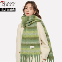 啄木鸟2024冬新款绿色条纹围巾女冬季保暖长款加厚高级感条纹围脖
