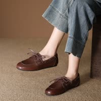 头层牛皮单鞋女2026春季新款圆头透气复古平底软底百搭真皮休闲鞋