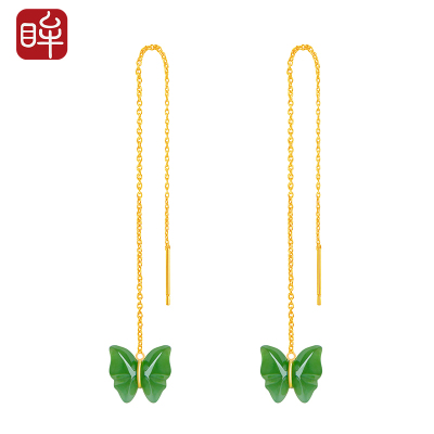 印象眸足金镶和田玉碧玉耳线黄金镶嵌蝴蝶女款玉石耳线耳饰附送证书吊坠