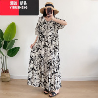 YIBUSHENG季女士棉绸连衣裙宽松大码显瘦遮肉人造棉大摆裙短袖防晒沙滩裙