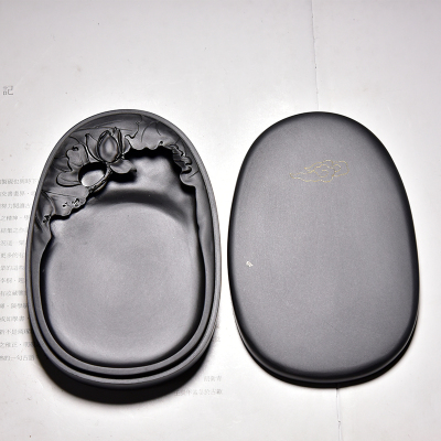 砚台中国名砚《莲花砚》黑龙尾天然原石歙砚端砚砚台中小楷书法国画创作磨墨便携行书隶书磨墨六英寸莲（带盖款）送礼品锦盒