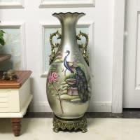 欧式美式陶瓷手绘复古摆件样板间别墅客厅电视柜插花落地大花瓶 三维工匠 B4宝石蓝大象凳底座