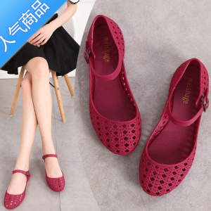 SUNTEK夏季新款镂空洞洞鞋一字扣平底舞鞋包头时尚防滑果冻鞋女沙滩凉鞋