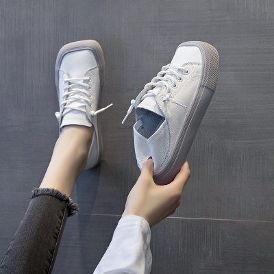 Ideamini方头皮小白鞋女2021春夏季新款网红百搭平底透气一脚蹬懒人鞋潮休闲鞋