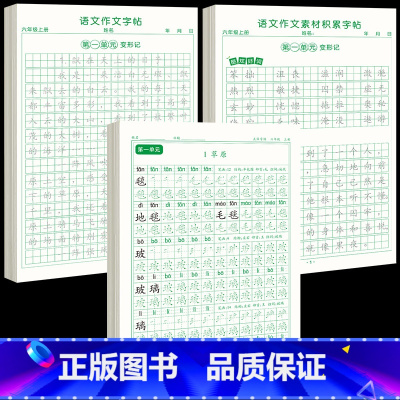 [上册]同步字帖6上+同步作文字帖+素材积累字帖 [正版]六年级上册练字帖人教版语文字帖同步小学生硬笔书法练字本楷书笔画