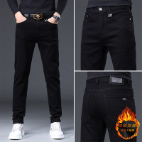 欧货高端黑色牛仔裤男秋冬季加绒潮牌修身简约弹力小脚休闲长裤男