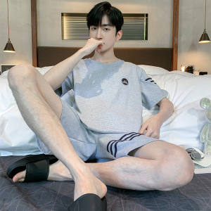 男士睡衣男款夏季棉质短袖套头圆领加肥加大码家居服夏天薄款套装