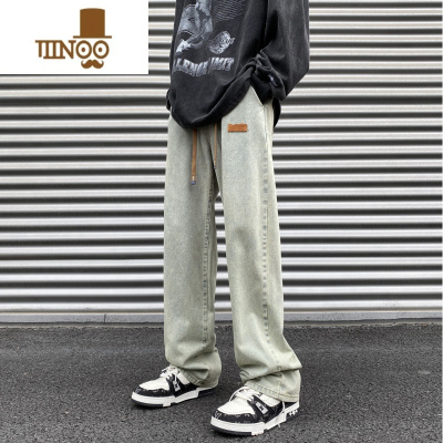 YANXU牛仔裤男款夏季潮牌痞帅美式复古水洗直筒裤黄泥染休闲长裤子