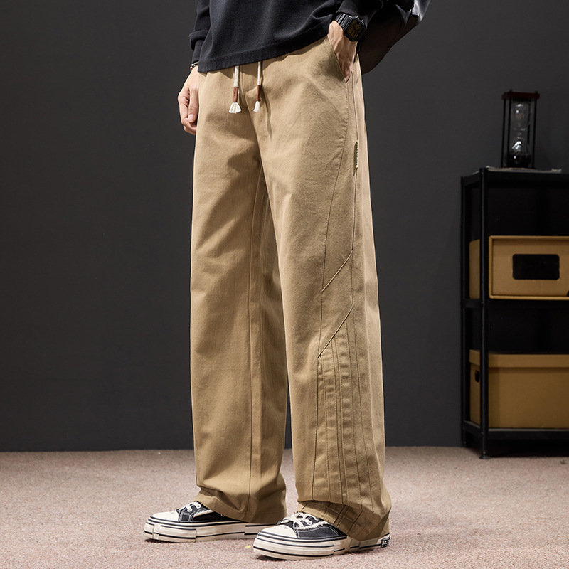 男士卡其色阔腿休闲裤 抽绳腰头设计 明线 春夏薄款 宽松垂感长裤