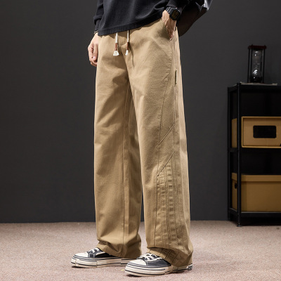 男士卡其色阔腿休闲裤抽绳腰头设计明线春夏薄款宽松垂感长裤