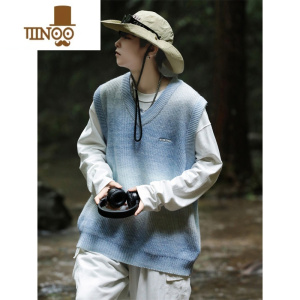 YANXU港风美式渐变V领马甲针织衫男士新款潮牌设计感情侣打底毛衣