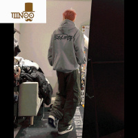 YANXU美式灰色加绒加厚连帽卫衣男2023新款潮牌薄款外套上衣