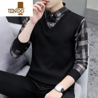 YANXU男士长袖衬衫潮牌百搭格子拼接假衬衣帅气休闲外套衣服