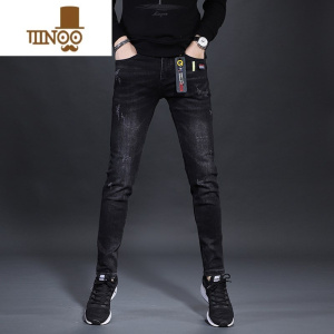 YANXU2023年冬季牛仔裤男黑色弹力修身小脚休闲男士加绒裤子款长裤