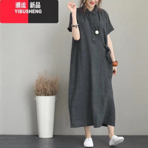 YIBUSHENG洋气宽松棉麻短袖连衣裙女文艺大码减龄显瘦中长款亚麻衬衫长裙