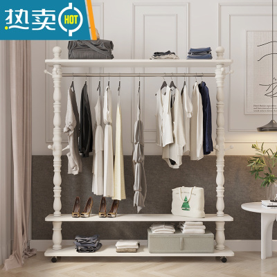 敬平欧式挂衣架家用卧室落地收纳衣帽架多功能客厅实木简易晾衣服架子 271暖白色带轮子(120cm)晾晒架